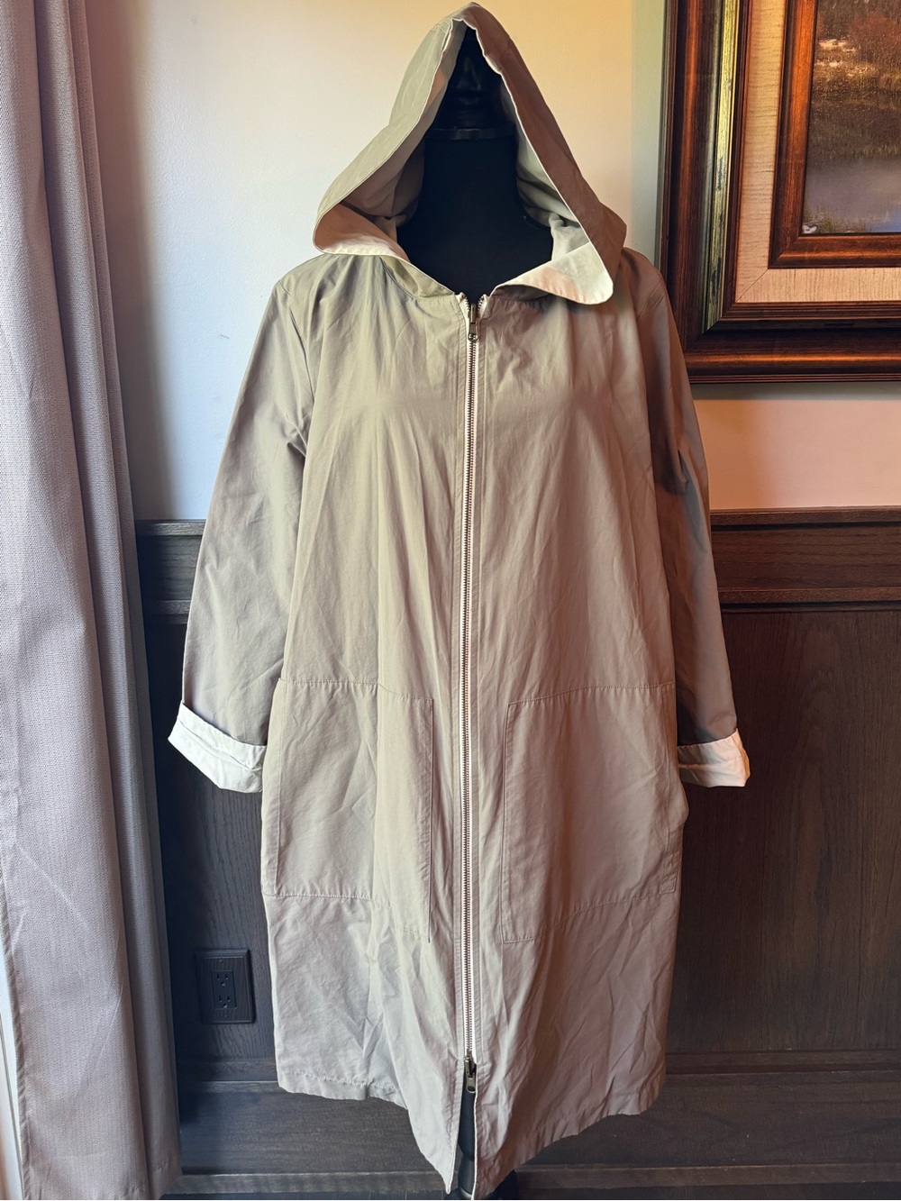 Eileen Fisher cream & gray reversible Hooded Trench Coat - Picture 3 of 10